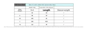 Size chart detail for sleeveless knit vest with chest and length measurements in centimeters