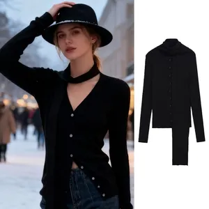 Women Slim Fit Rib Knit Cardigan With Matching Scarf V Neck Long Sleeve Solid Color Button Down Casual Knitwear Top