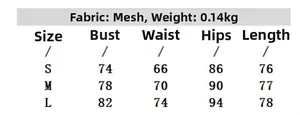 Size chart for printed mesh draped neck mini dress with S, M, L measurements in centimeters