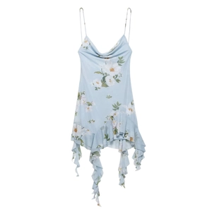 Elegant Women Summer Floral Mesh Spaghetti Strap Mini Dress Cowl Neck Asymmetric Ruffle Hem Vacation Party Sundress