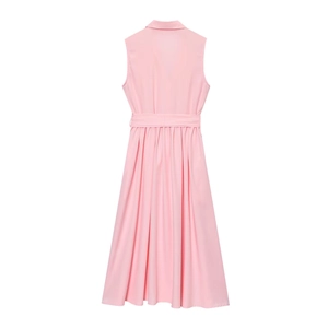 Detail view of the pink sleeveless shirt dress back with a matching waist belt