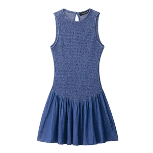 Vestito Corto da Donna Senza Maniche con Punto Smock a Trapezio Girocollo Blu Denim Elegante Estivo Pieghettato per Uso Quotidiano