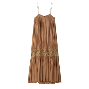 Bohemian Coffee Spaghetti Strap Pleated Maxi Dress Elegant Lace Patchwork Floral Embroidery Summer Vacation Long Dress
