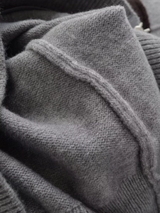 Close-up of grey knitted cardigan fabric showing soft texture and ribbed cuffs
