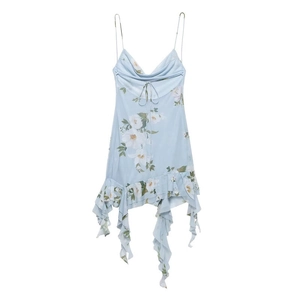 Light blue floral print mini dress with cowl neck and irregular ruffle hemline