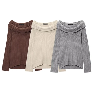 Detailed texture of rib-knit off-shoulder sweaters in brown, beige and grey colors