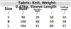 Detailed size chart for solid knit off-shoulder sweater showing bust and length measures