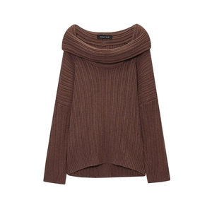 Detailed view of brown ribbed knit sweater with wide off-shoulder collar and soft texture