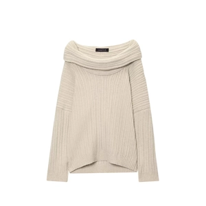 Off-shoulder off-white ribbed knit sweater featuring a wide fold-over collar design