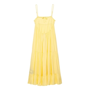 Abito lungo giallo a balze con spalline regolabili e fiocco decorativo sul petto