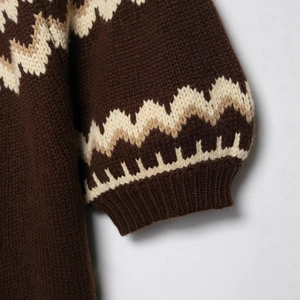 Vintage jacquard short sleeve sweater with wave pattern on ribbed cuffs in dark brown