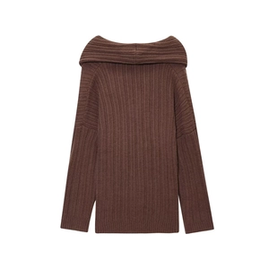 Detail view of deep brown rib-knit texture on a long-sleeve off-shoulder sweater
