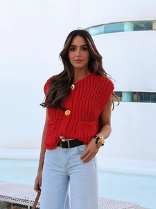 Women Casual Solid V-Neck Knitted Vest With Gold Buttons Chunky Knit Sleeveless Cardigan Sweater Vest With Pockets