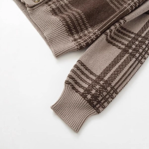 Brown plaid knit cardigan sweater with ribbed cuffs and vintage button detail