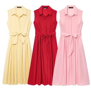 Women Sleeveless Shirt Dress With Belt Elegant Lapel Midi Dress Solid Color Summer Casual Office Lady Dress