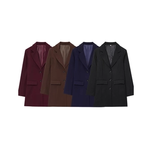 Women Elegant Notched Lapel Blazer Jacket Mid-Length Three Button Solid Color Commute Office Suit Jacket Coat