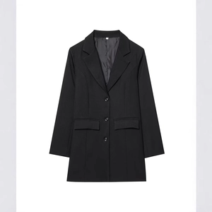 Classic black mid-length blazer for women featuring notch lapel and three-button closure