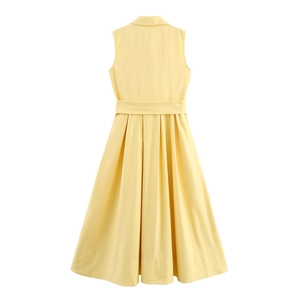 Bright yellow sleeveless shirt dress with belted waist and pleated A-line skirt