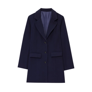 Classic dark blue longline blazer for women with notched lapels and three-button closure