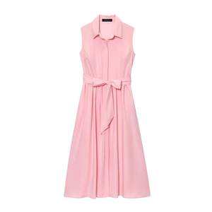 Elegant sleeveless pink shirt dress with collar, waist belt, and front buttons