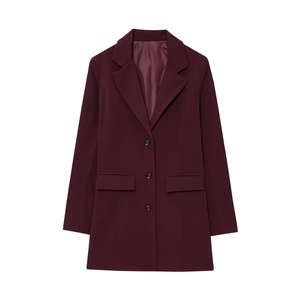 Classic burgundy longline blazer for women featuring notched lapel and three-button front