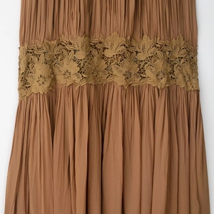 Caramel brown pleated dress with elegant floral lace embroidery and boho style design