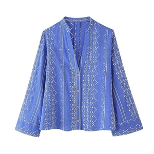 Chemisier Femme Ethnique Bohème Brodé Col en V Mélange de Coton Manches Longues Chemise Ample Motif Géométrique Top Vintage Vacances