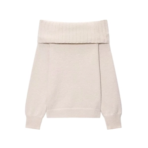 Detail of off-shoulder knit sweater with ribbed cuffs and folded neckline texture