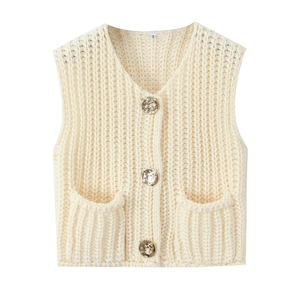 Detail of knit vest showing textured vertical ribs, V-neck, and golden buttons