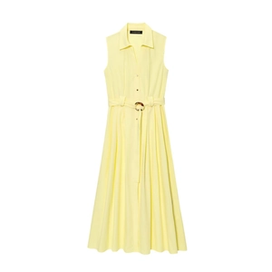 Elegant Women Sleeveless Shirt Dress With Belt Button Down Midi A-Line Summer Casual Waist Tie Yellow Dress