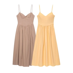 Women Elegant V Neck Spaghetti Strap Midi Dress French Minimalist Pleated A-Line Solid Color Summer Party Sleeveless Sundress