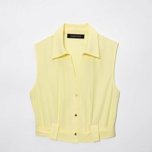 Sleeveless pale yellow poplin midi shirt dress with buttoned V-neck and decorative belt