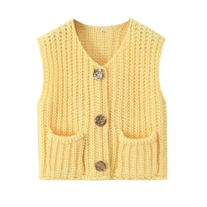 Macro detail of yellow knit vest showing texture, V-neck, and metallic buttons