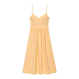 Elegant pale yellow V-neck midi dress with adjustable straps and pleated A-line skirt