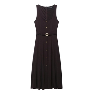 Women Sleeveless Midi Dress Elegant Coffee Solid Color Belted Gold Button Dress Retro Office Lady Summer Polyester Robe
