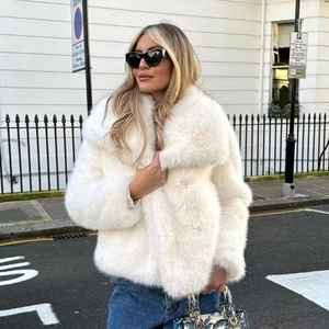 Cappotto in Pelliccia Sintetica Elegante da Donna Grande Bavero Giacca Pelosa Caldo Inverno Streetwear Tinta Unita Soprabito di Peluche