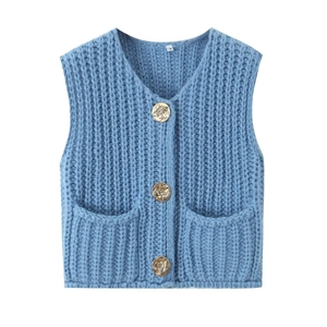 Detail of blue V-neck knit vest featuring thick texture and golden embossed buttons