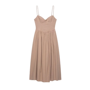 Elegant khaki midi sundress with adjustable spaghetti straps and corset-style bodice