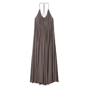 Robe Longue Plissée Dos Nu Gris Brunâtre pour Femme Élégante Texture Satinée Sans Manches Ligne A pour Vacances et Fête