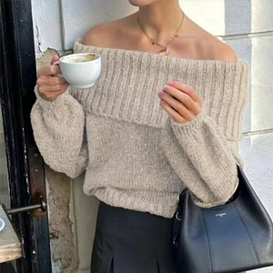 Chic beige off-the-shoulder knit sweater with a large collar and stylish lantern sleeves