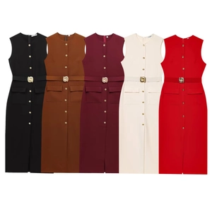 Sleeveless midi dress with belt and gold buttons in five elegant workplace colors