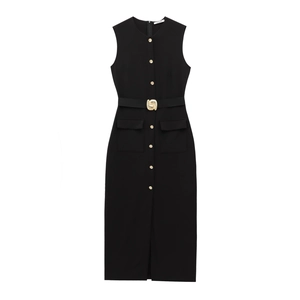 Elegant black sleeveless midi dress with gold buttons and a metallic buckle belt