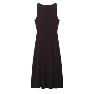 Elegant black sleeveless midi dress with matching belt and A-line silhouette