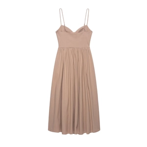 Elegant khaki midi slip dress with pleated skirt and slim fit structured bodice design