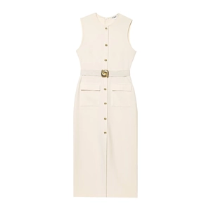 Beige sleeveless midi dress with gold buttons and belted waist on white background