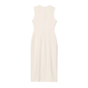 Detail of a beige sleeveless midi dress showing the slim fit and back invisible zipper