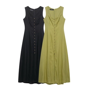 Detail view of linen midi dresses in black and olive green with front button closure