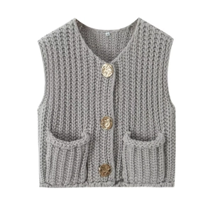 Detailed close-up of grey knit vest featuring textured vertical stripes and gold buttons