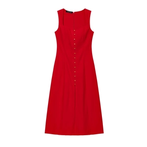 Detail of red sleeveless midi dress with square neck and decorative golden front buttons
