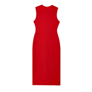 Back view of red sleeveless crepe midi dress showing vertical seam and tailored silhouette